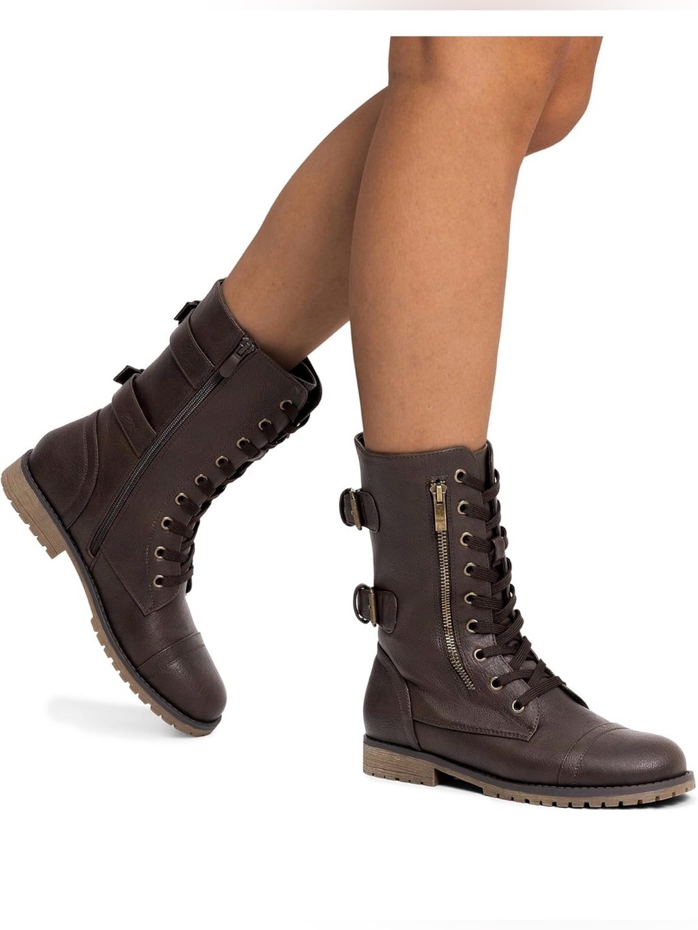 Dream Pairs Brown Lace-Up Mid-Calf Combat Boots with Side Zipper